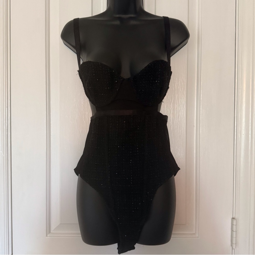 “GCDS” Bangon Sequin Tweed & Mesh Bustier Bodysuit - Picture 5 of 16